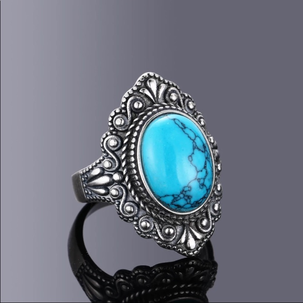 925 STERLING SILVER VINTAGE TURQUOISE NATURAL LABRADORITE SIZE 7 RING - Picture 3 of 5